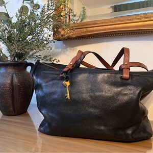 Fossil Black Leather Rachel Tote with Brown Straps